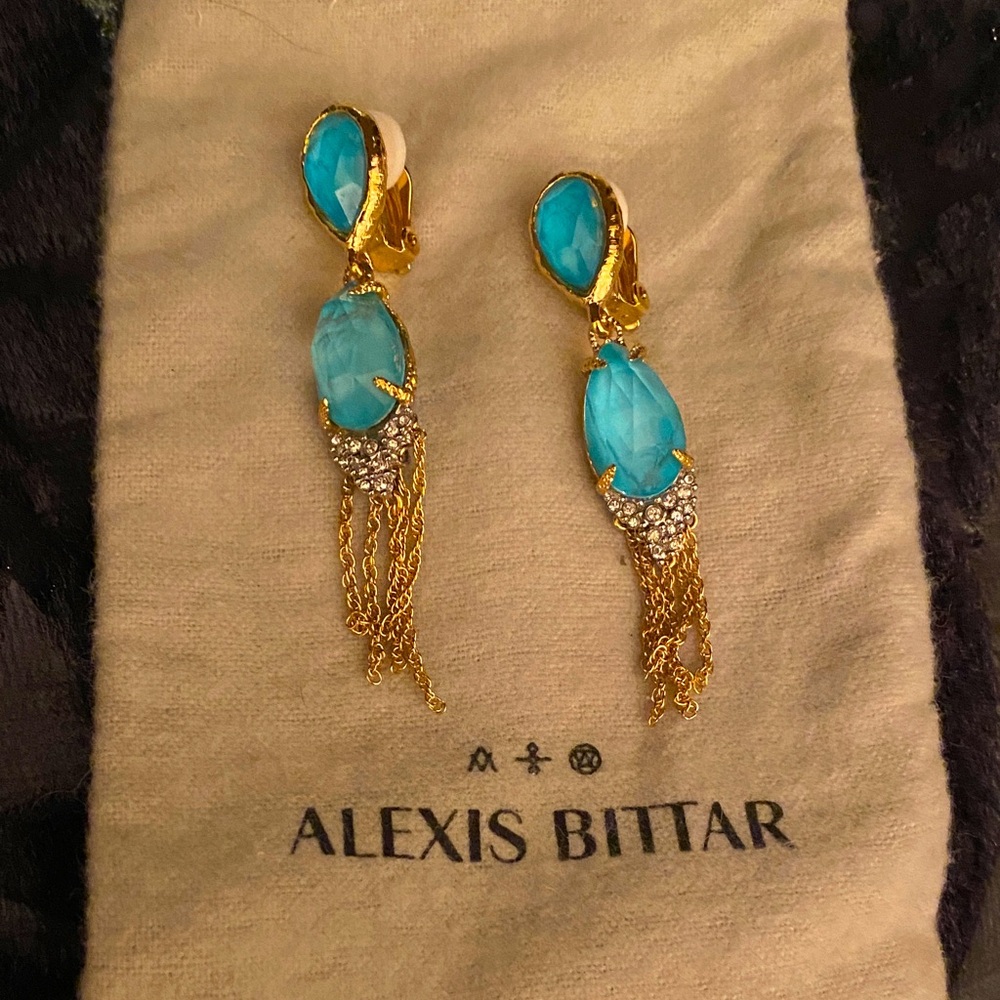 Alexis Bittar Gold-Tone Earrings with Turquoise Stones and Fringe💎💎🍒